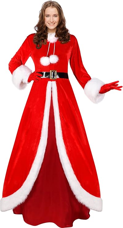 女式圣诞豪华经典圣诞老人服装,天鹅绒连帽连衣裙圣诞角色扮演服装带